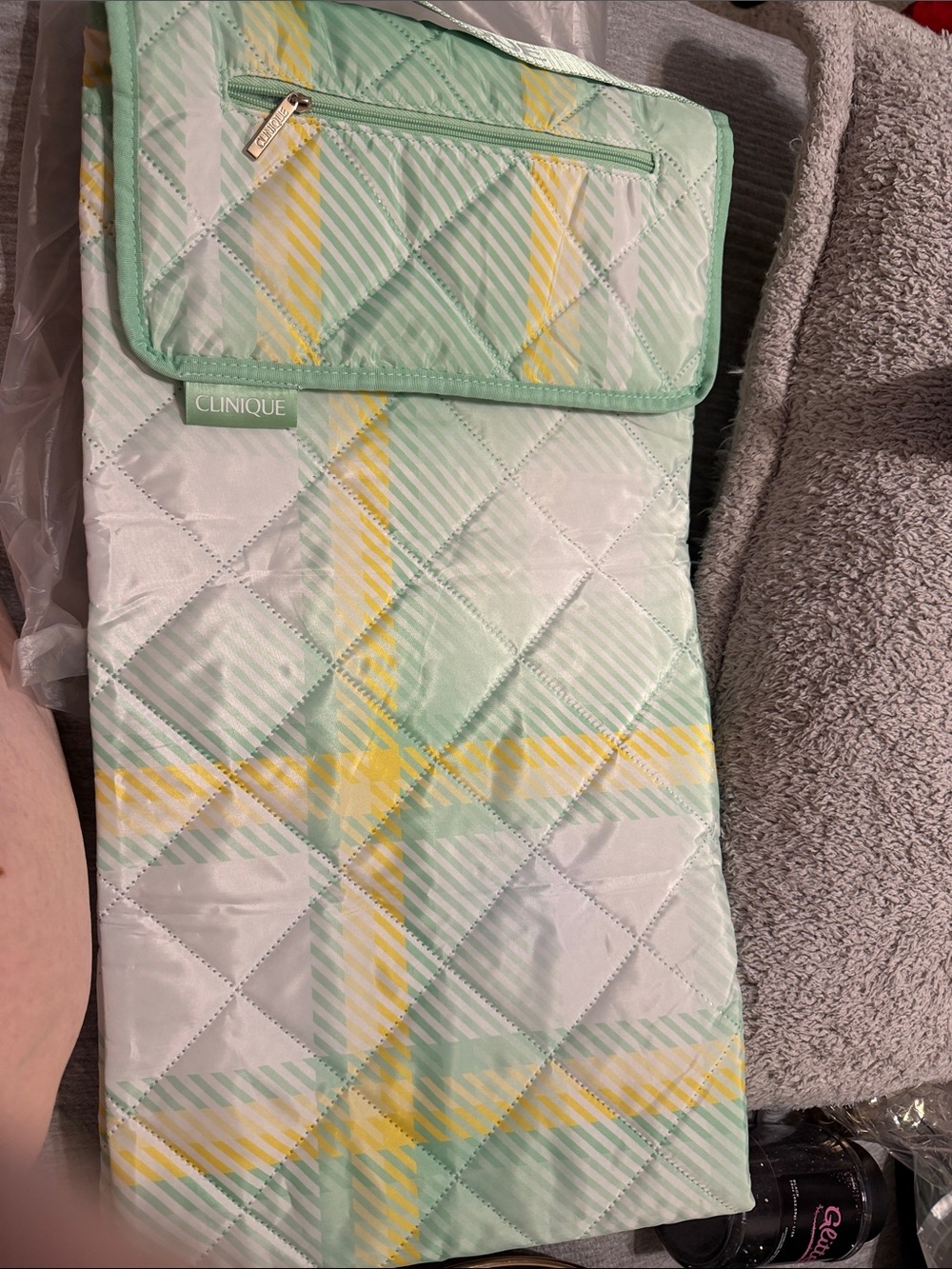 Clinique Quilted Cosmetic Pouch in Mint Green and Yellow Plaid beach blanket